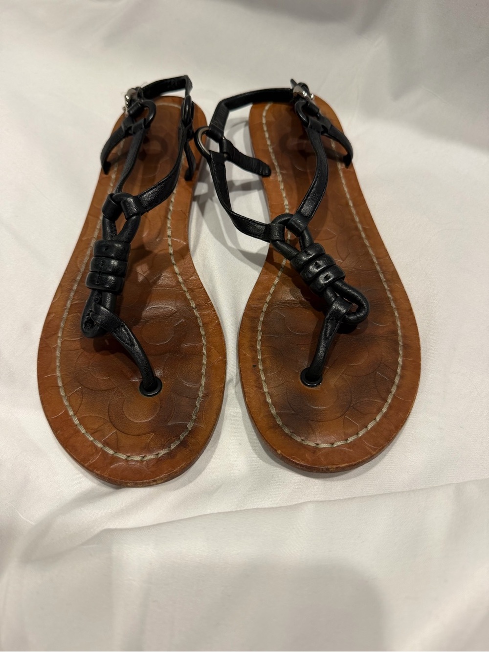 Coach Black Leather T-Strap Sandals with Brown Footbed